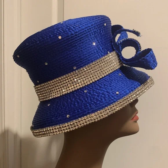 Elegant Royal Blue and Silver Hat with Rhinestone Accents